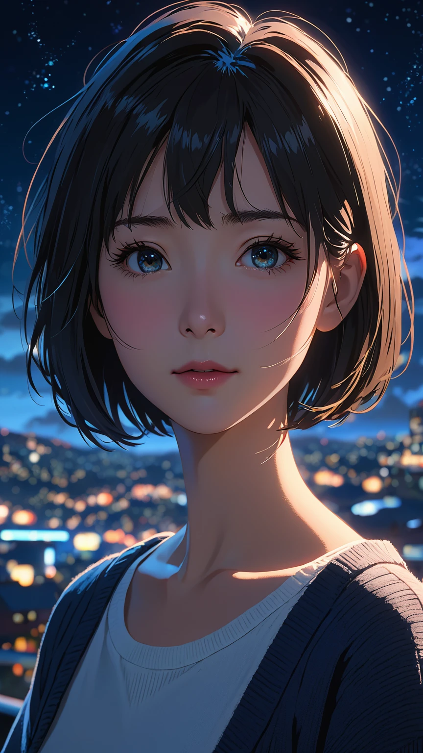 High resolution,Your Name Movie Style, night, midnight, Light, (1 female: 1.3), (alone: 1.4), Long eyelashes, Short Bob