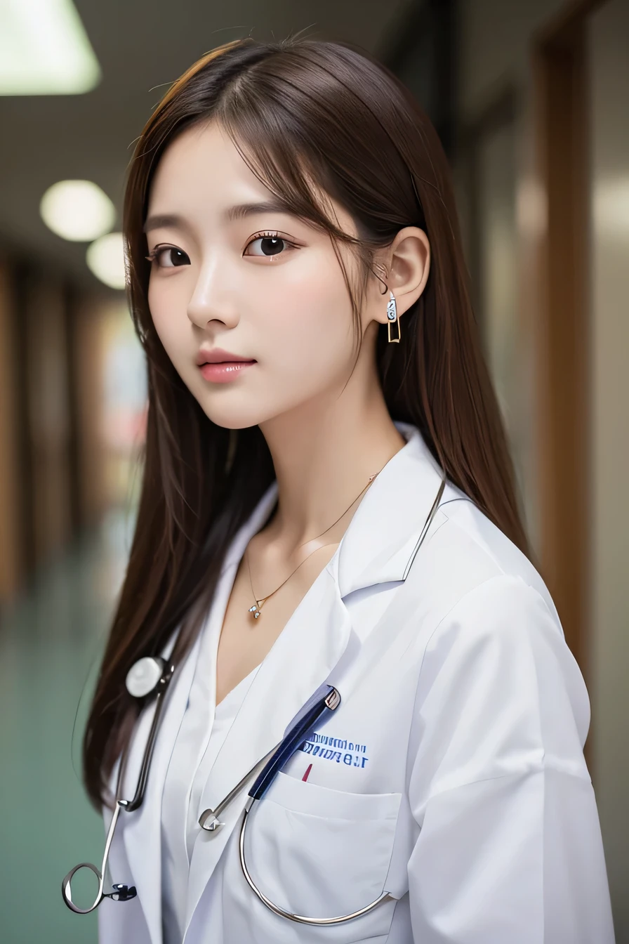 Beautiful young woman、 Korean women、Brown Hair、Necklace around the neck、White、Stethoscope、Tie your hair back、Please open your mouth a little、Intricate details, Very detailed:1.2), 、 Looking into the camera,The background is a hospital corridor.、ear piercing