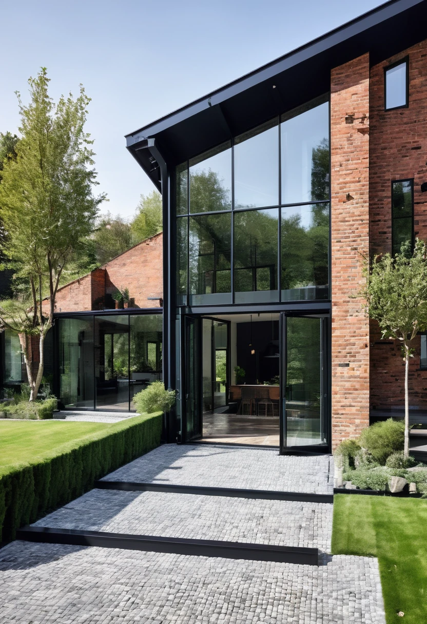 imagine an industrial house with different levels, with a glass wall divided by a massive black iron structure, a wall with English bricks, a black roof with a slope on the left side, grass in front, a stone floor up to the black main entrance door. Houses next door, Olmo trees at the entrance to the house
