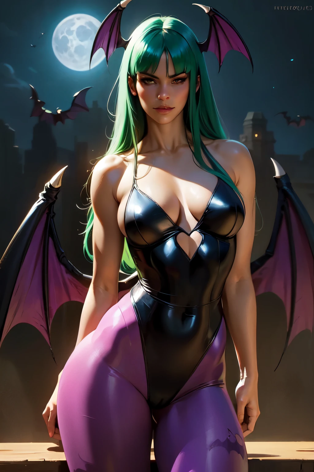 Realistic oil paint portrait of Morrigan Aensland, moonlight, hot Body, Dynamic sensual pose, soft smile, long green hair black costume , (((Bat wings))) , Hot body, athletic, ((camel toes)), purple legs, detailed skin Textures, intricate, detailed face, hyperrealistic, realistic light and shadows , ((cinematic lighting)) . Poetic moon lighting background.