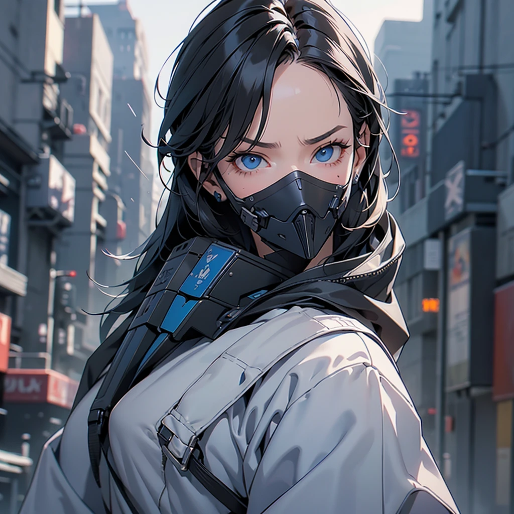 (masterpiece), best quality,1girl, short black hair, blue eyes, sexy urban techwear, blurry background, eye focus, finger on lip, cowboy shot, huge city background, lora:GirlfriendMix2:1, zydG, looking over back, dramatic light, cinematic light, angry face, cyber masker, mouth mask, covered mouth