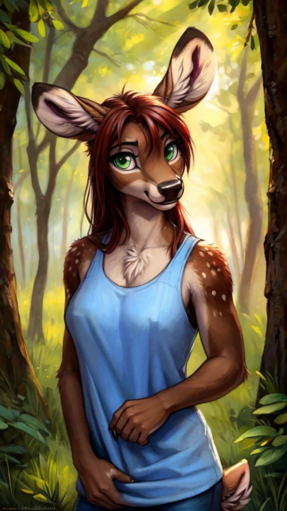 by kenket, by totesfleisch8, (by thebigslick, by silverfox5213:0.8), (by syuro:0.2), by tom_fischbach,, (best quality, masterpiece:1), solo, furry female anthro, green eyes, long hair, reddish brown hair, portrait, fingers, finger claws, looking at viewer, deer, holding a male micro wolf furry in her hands(outdoors dark forest trees blurry blurred background: 1.1), dressed in a white tanktop.