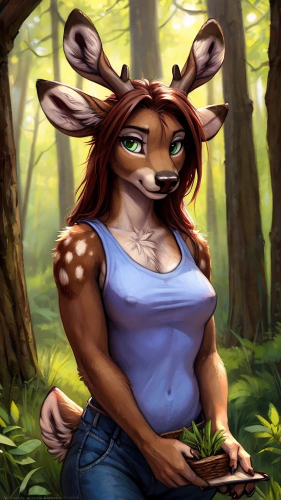 by kenket, by totesfleisch8, (by thebigslick, by silverfox5213:0.8), (by syuro:0.2), by tom_fischbach,, (best quality, masterpiece:1), solo, furry female anthro, green eyes, long hair, reddish brown hair, portrait, fingers, finger claws, looking at viewer, deer, holding a male micro wolf furry in her hands(outdoors dark forest trees blurry blurred background: 1.1), dressed in a white tanktop.