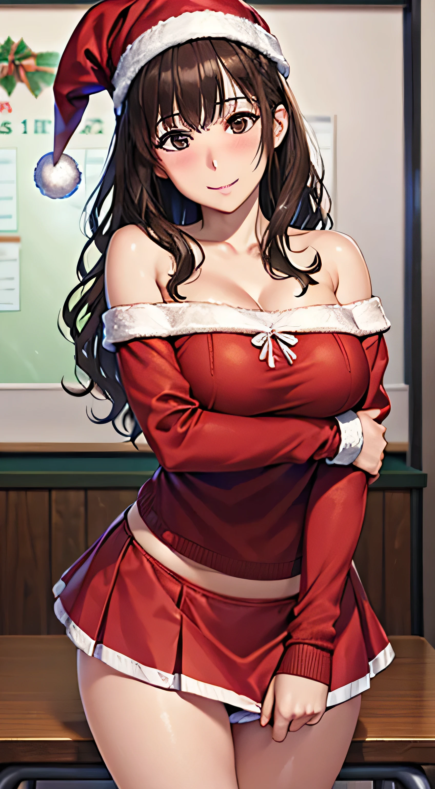 ((Tabletop, Highest quality, High resolution, , Pixel Perfect, 4K,))), 1 female teacher, single, alone, beauty、The whole body is visible、 ((Long Wavy Hair, bangs, Brown Hair)), ((Brown eyes, Beautiful eyelashes, Realistic eyes)), ((Detailed face, Blushing:1.2)), ((Smooth texture:0.75, Realistic texture:0.65, Realistic:1.1, Anime CG Style)), Big Breasts, Dynamic Angle, Perfect body, (( , , Santa Claus Cosplay Hat、 Santa Claus Cosplay Off Shoulder Sweater、flare skirt、Floral lace panties 、)), 、、Very embarrassing panic smile, 、、classroom、、、、Stick your butt out、Leaning forward、Bring your arms together、 、Angle from below)、