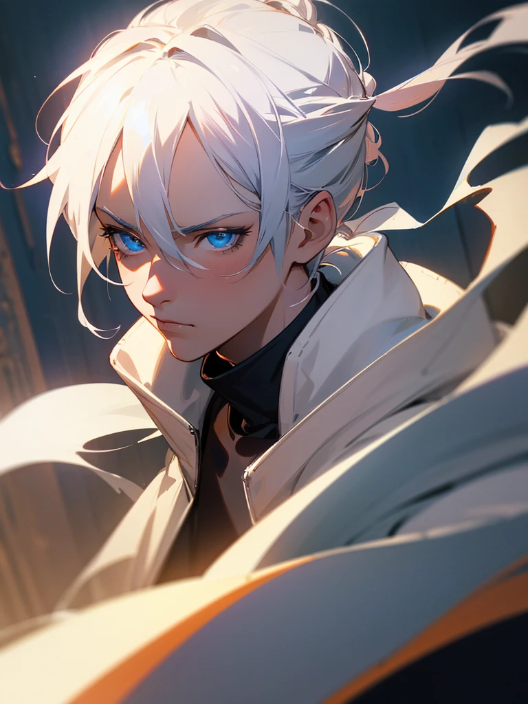 1 man, shoulder-length white hair tied in a bun, wearing a hoodie, blue eyes, smoking, detailed portrait, anime, cinematic lighting, dramatic, moody, high quality, 8k, hyperrealistic, photorealistic, chiaroscuro, dramatic lighting, soft focus, warm color palette