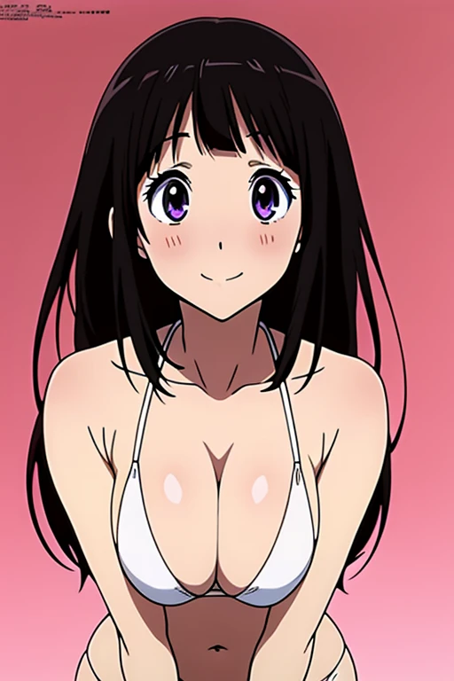 (anime cels style, megami magazine, poster style, best quality, high resolution, sharp image, 8k wallpaper, masterpiece), (beautiful detailed eyes, beautiful detailed face), Chitanda Eru, (black hair, long hair), blush, smile, (large breasts), white bikini, (cowboy shot, standing), simple background, (perfect detailed anatomy, perfect detailed body, perfect arms, perfect fingers, shiny skin)