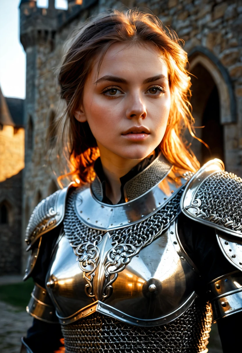 (masterpiece), (extremely intricate:1.3), (realistic), portrait of a girl, the most beautiful in the world, (medieval armor), metal reflections, upper body, outdoors, intense sunlight, far away castle, professional photograph of a stunning woman detailed, sharp focus, dramatic, award winning, cinematic lighting, octane render unreal engine, volumetrics dtx, (film grain, blurry background, blurry foreground, bokeh, depth of field, sunset, motion blur:1.3), chainmail