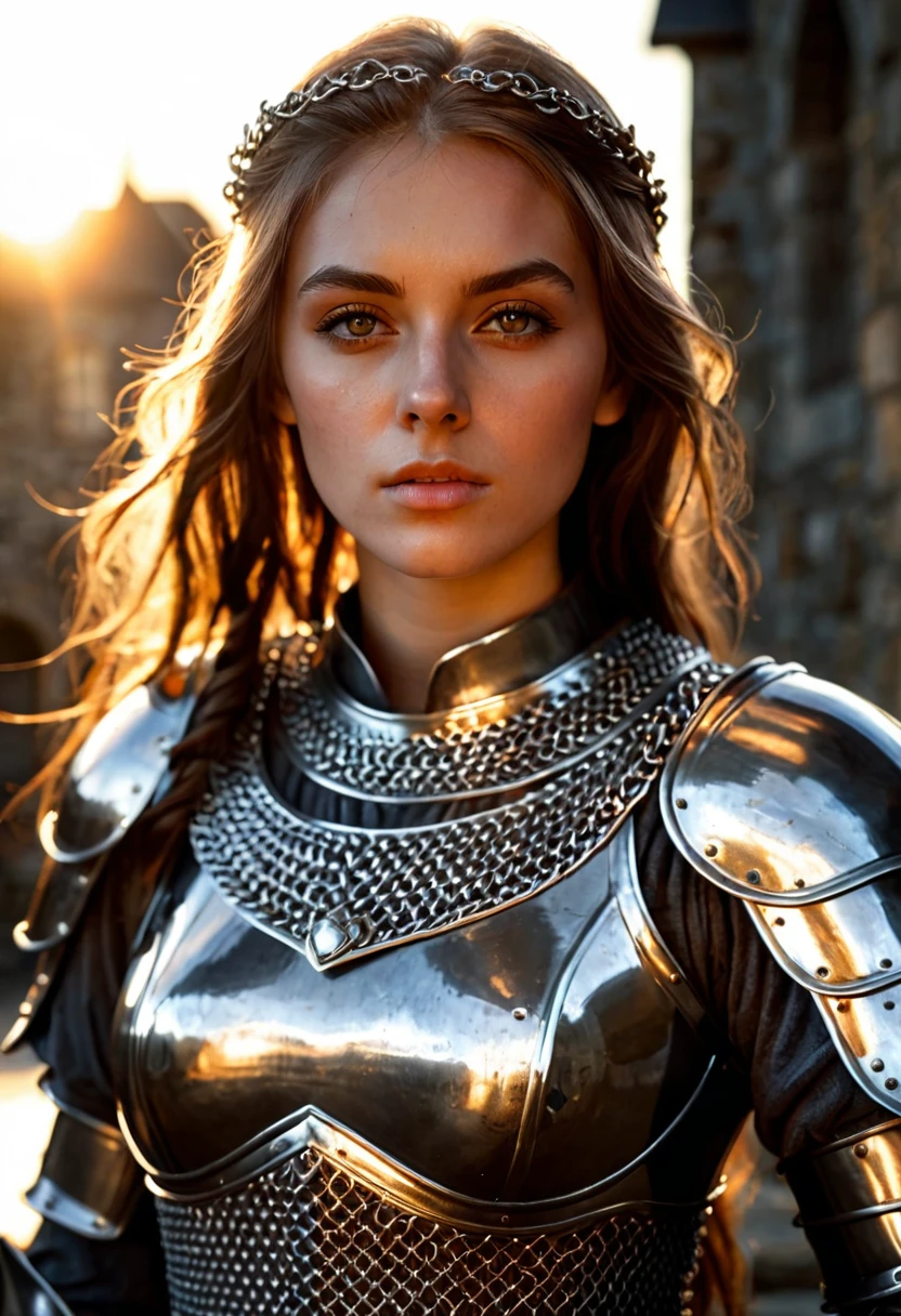 (masterpiece), (extremely intricate:1.3), (realistic), portrait of a girl, the most beautiful in the world, (medieval armor), metal reflections, upper body, outdoors, intense sunlight, far away castle, professional photograph of a stunning woman detailed, sharp focus, dramatic, award winning, cinematic lighting, octane render unreal engine, volumetrics dtx, (film grain, blurry background, blurry foreground, bokeh, depth of field, sunset, motion blur:1.3), chainmail
