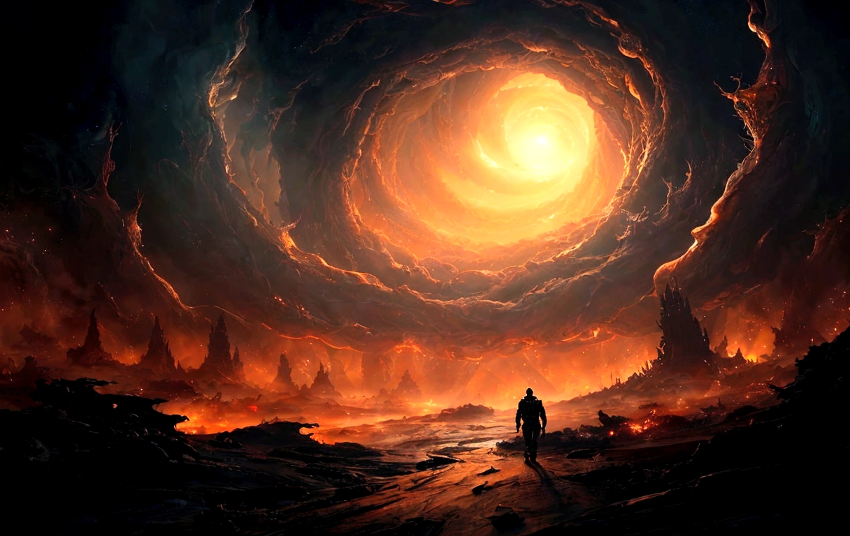 um homem em frente a uma estrutura gigante em forma de espiral, epic fantasy science fiction illustration, Greg Beeple, epic science fiction fantasy art, science fiction art, science fiction art sombria, epic sci-fi digital art, science fiction digital art, science fiction digital art illustration, sci fi art, science fiction art, dramatic conceptual art, Arte deslumbrante em 8k