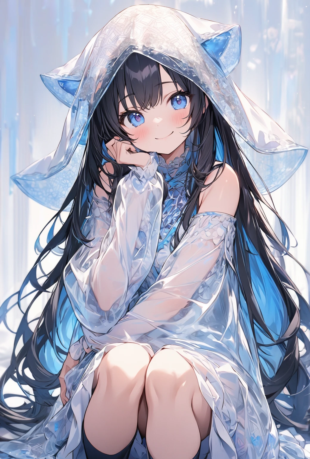 ((Highest quality)), ((masterpiece)), ((Very detailed)), (Very cute),A cool-looking woman with gentle black hair and a height of about 165cm.,A woman with a cute smile wearing a transparent blue waifus with a cute patterned hood and bare shoulders, alone, Cute attitude,(background(bright),Long Hair - Straight,Knee-high socks、A transparent blue veil with a cute pattern and white hood with off-the-shoulder sleeves,White wall、Sitting、Facing the viewer、縁に模様がある壁が1面のbackground