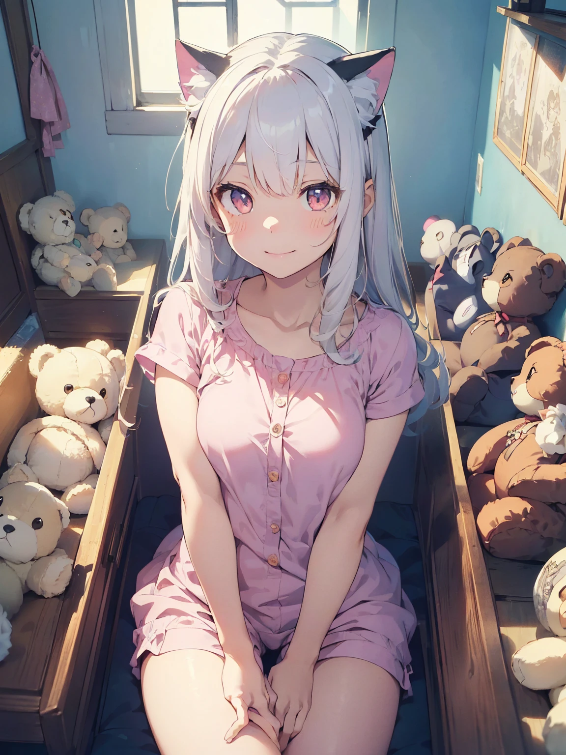 (((masterpiece))), (((Highest quality))), ((Very detailed)), ((Very detailedなイラスト)), ((Ultra-fine painting)), (16K Highest quality wallpaper:1.4), (Detailed and elaborate illustration style,:1.8) Detailed skin texture, High quality fabric, , (T-masterpiece), (Very detailedな顔:1.4), original, RAW Photos, Professional, Intricate details, Very detailed, Direct sunlight:1.6, ,(Cowboy Shot:1.9)、(Perfect Anatomy:1.4), (Extremely elaborate hands:1.2), (Very elaborate fingers:1.2), (Very elaborate fingers先:1.2),, (alone:1.6), (beautiful and adorable cat ears:1.6), (Intricate and delicate cat ears:1.4), (beautiful, Shiny white hair:1.6), (Very fine and delicate white hair:1.4),, (Very detailedな顔:1.4),(Light purple eyes:1.6),(smile:1.4),Cute 18 year old girl in polka dot pajamas, (((In a pink room full of teddy bears, Anime-style images