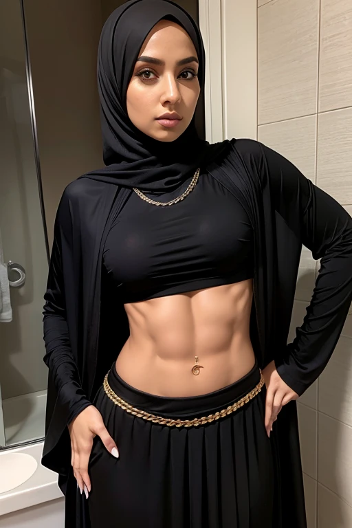 Hijab, black abaya, ((showing abs)), tight tshirt, small boobs, long skirt, belly chain, serious face, bathroom