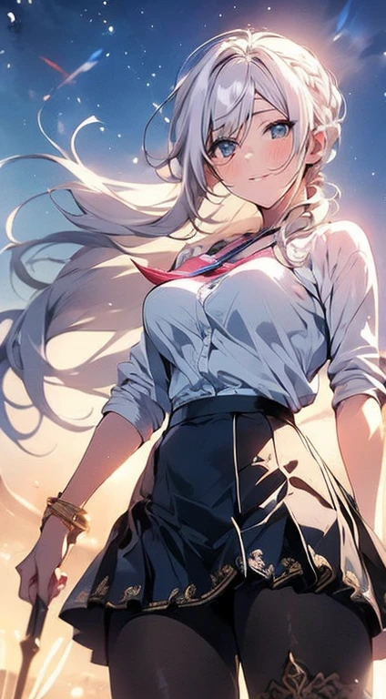 (melhor qualidade,ultra-detalhado,illustration,Obra de arte:1.2), 1 mulher, Maduro, detailed facial features, cabelo solto, serene expression, elegante , confortable clothes, soft lighting, cores vibrantes, peaceful atmosphere, skirt to the waist, wearing pantyhose, seios largos, magra