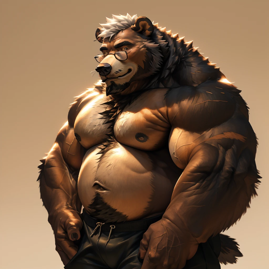 a huge muscular old bear with glasses, brown furry hairy pectoral, huge wide pectoral, short white hair, short black pants and shirtless, topless, bearded with mustache, simple background, (best quality,4k,8k,highres,masterpiece:1.2),ultra-detailed,(realistic,photorealistic,photo-realistic:1.37),solo,1boy