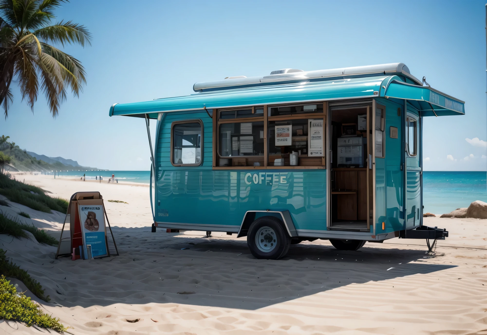 A light blue trailer with a brown coffee sign tops, Smoke comes out the coffee sign, The trailer is away, he's in the middle of a comforting beautiful Beach, sunny day, view from the ground 