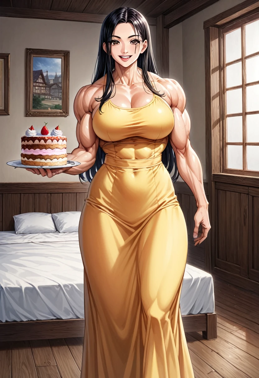 Anime, 2d anime, cartoon anime, detailed illustration, dynamic angle, ultra-detailed, illustration, 1girl, late 20’s year old, Big woman, very tall, broad shoulders, silky long black hair, muscular, tone body, a little bulky, muscular arms, wide shoulders, tall woman, happy, energetic, extroverted, broad shoulders, large muscles, night time, Evning, standing by a window , in a yellow sundress, in a nice house, living room, dark wood panel walls, dark hard wood floors, eating a slice of cake