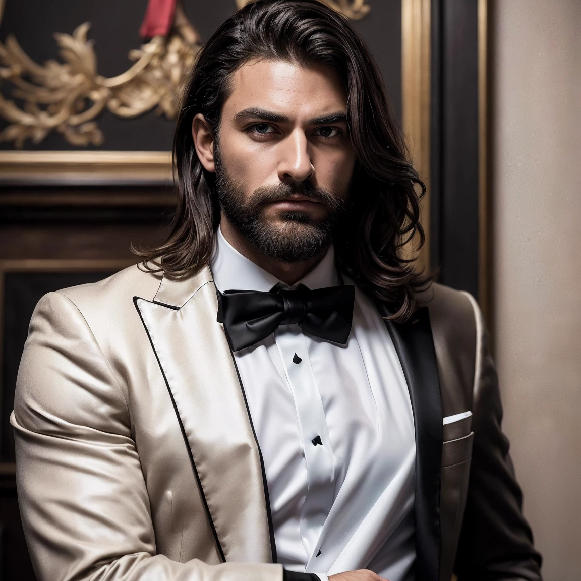 (((loosing black tie))), (masterpiece, best quality:1.4), portrait Solo, 30 years man, beard, european, brown eyes, serious eyes, black suit, brown medium hair, shoulder-length hair,wavy hair, sharp eyes