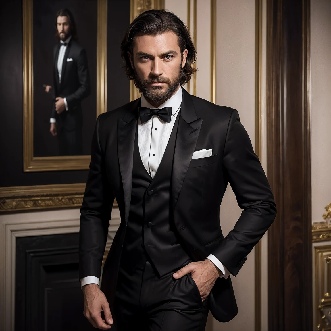 (((loosing black tie))), (masterpiece, best quality:1.4), portrait Solo, 30 years man, beard, european, brown eyes, serious eyes, black suit, brown medium hair, shoulder-length hair,wavy hair, sharp eyes