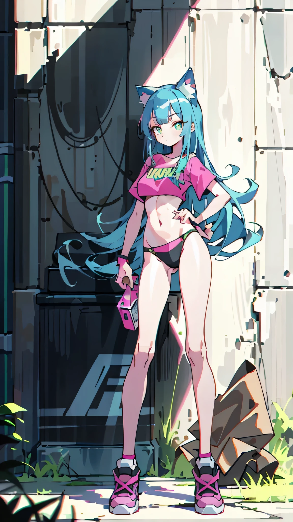 Masterpiece, best quality, high resolution, 1 woman, Long blue hair with pink stripes, smooth, green eyes, Bored face , cat ears , pink t-shirt , black bikini , abdomen, big breasts , Long legs , stand on your hips , big canvas shoes , wall , Garbage bags 