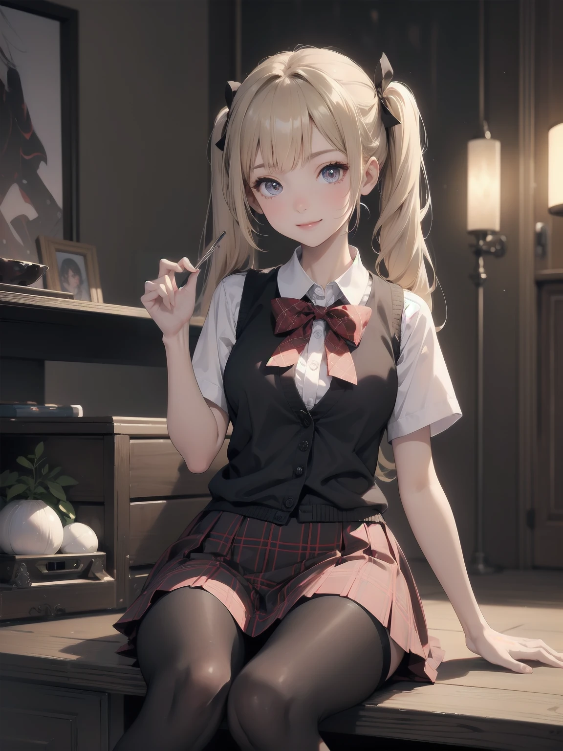 absurdres, absolutely resolution, incredibly absurdres, highres, ultra detailed, official art, unity 8k wallpaper,
BREAK
1 girl, soro, twintails, bow, cardigan vest, short sleeve shirt, plaid skirt, over black legwear, loafers, smile, Sexual girl, seducing men, colourful, bewitching eyes,