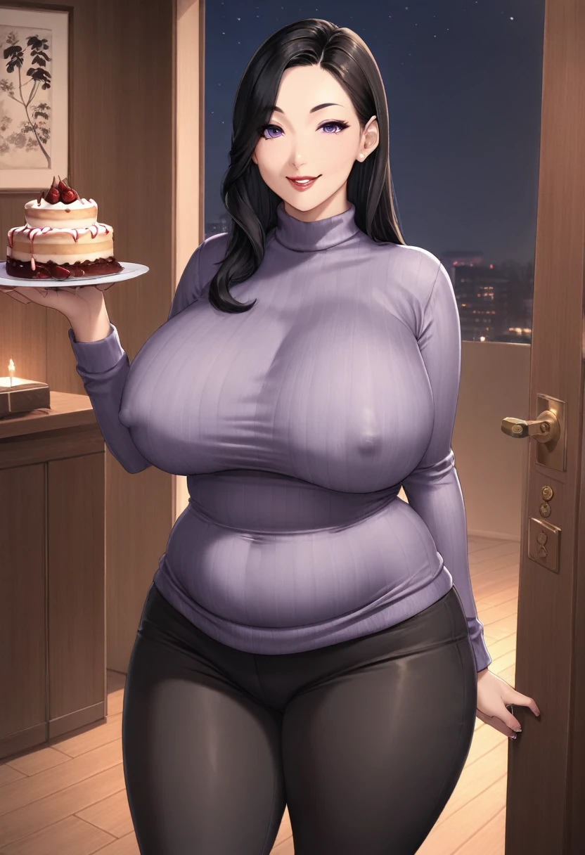 detailed illustration, dynamic angle, ultra-detailed, illustration, 1girl, mid 40’s year old Chinese woman, dark, night, in a fancy home, standing in the front door, wood paneled walls, beautiful dark wood floors, oriental rugs, nighttime, obese and thicc milf , silk waist-long dark hair , big round firm belly, purple sweater, strained pants, soft smile, motherly and nurturing, look, cute, tight clothes, tight pants, erect nipples, very wealthy looking, holding a whole cake