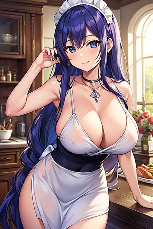 (Best Quality, Masterpiece),sexy mommy, Front cover of a women's cooking magazine,naked, erotic, 18+, nsfw, 1girl, 30 years old, stunning, cute, smile, hourglass figure, Maid costume, beautiful food, text, diagrams, advertisements, magazine title, long blue hair,blue detailed sparkling eyes,One strand of hair hangs down over his forehead