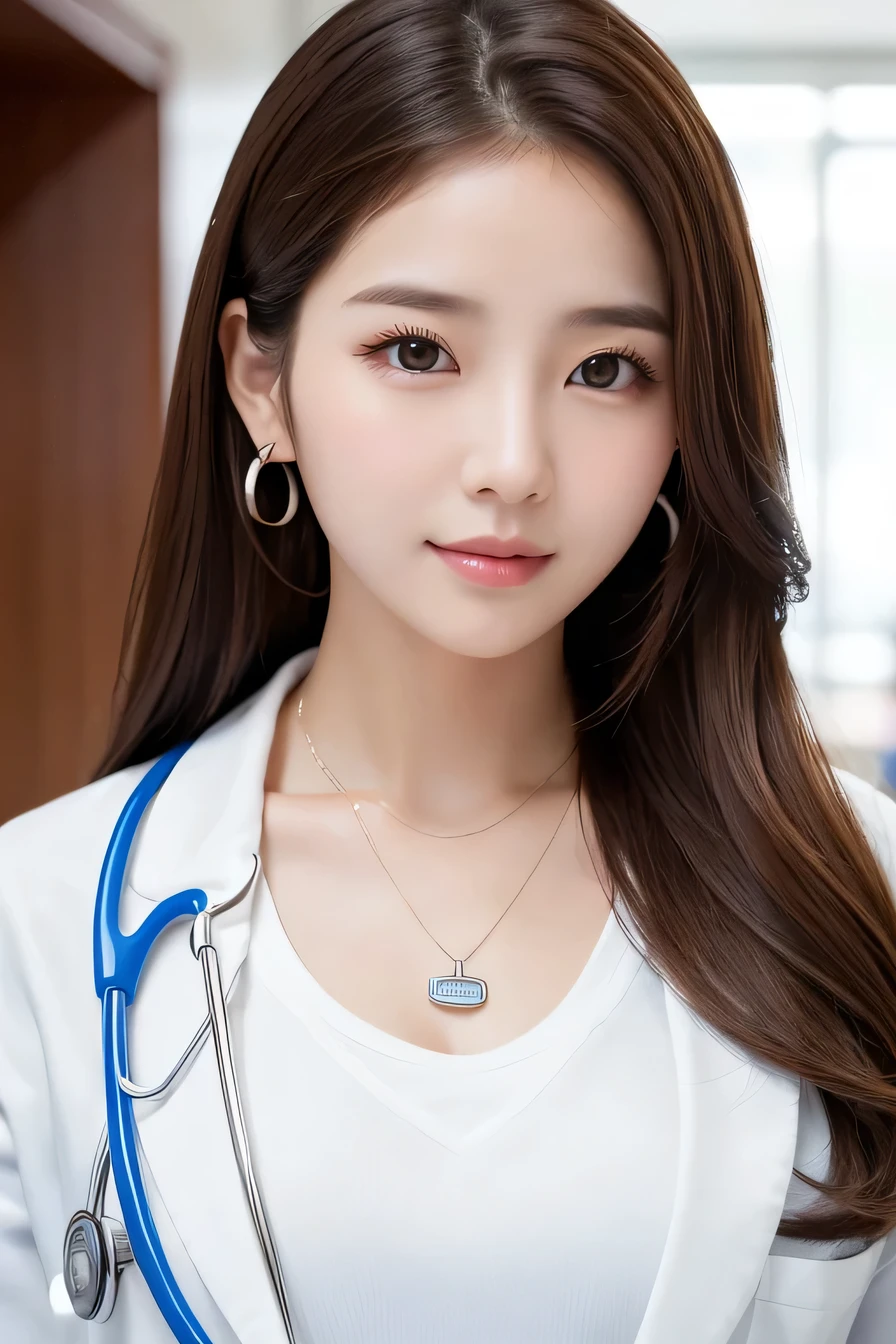 Beautiful young woman、 Korean women、Brown Hair、Necklace around the neck、White、Stethoscope、hairstyle semi long、Please open your mouth a little、Intricate details, Very detailed:1.2), 、 Looking into the camera,The background is a hospital corridor.、ear piercing