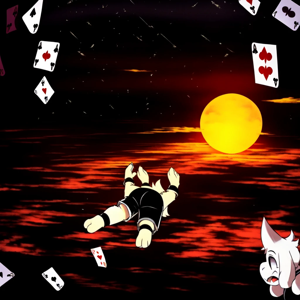 Asriel from UnderTale, wearing black shorts, has thick thighs, falling down in the sky, falling into a playing card, cinematic drama scene, high quality, crisp,