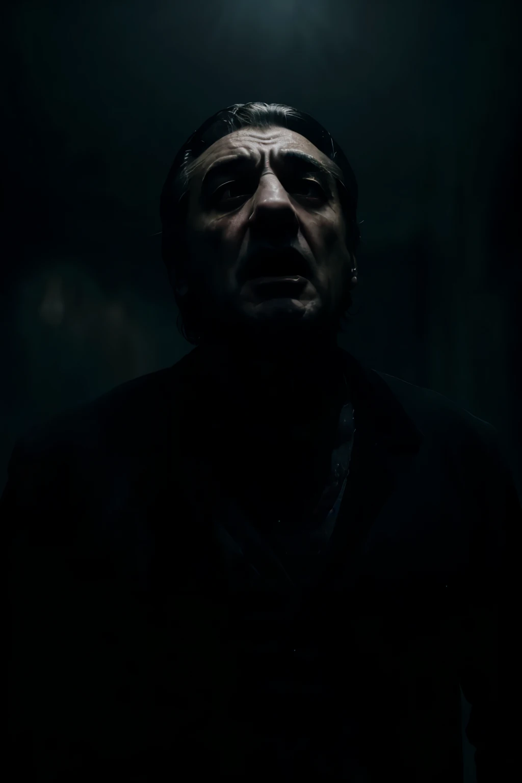 a ghostly apparition of robert de niro screaming in agony, highly detailed, hyperrealistic, photorealistic, 8k, detailed facial features, haunting expression, ethereal lighting, dramatic shadows, dark moody atmosphere, ominous presence, supernatural elements, cinematic composition, gothic aesthetics, dramatic chiaroscuro lighting, photographic quality
