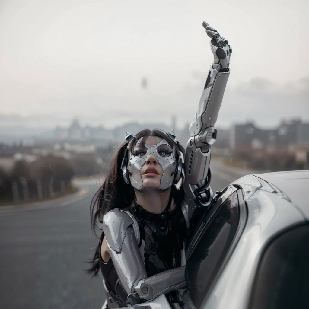 futuristic robo woman , chilean, ash gray high hair bun with short straight bangs, dark brown eyes, transparent futuristic googles , glossy light gray matte lipstick, futuristic metallic makeup, futuristic headset, liquid metal body coating, chrome goddess, parted lips, leaning out the window of a car, UP to down angle ,surprised, check in a mirror, fisheye, Lens distortion, grande angular