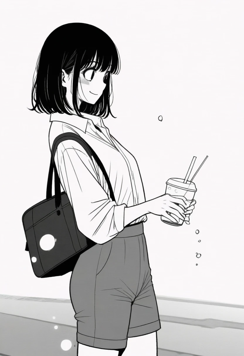 masterpiece, best quality, 1girl, mamerakkkkko, grayscale, style: manga, japanese, chi no wadachi, black eyes, street, iced, black hair, schoolbag, smile, lineart, white background, white shirt, grey shorts,
