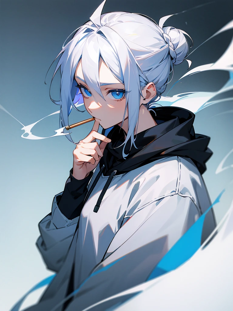1 man, teenager, shoulder-length white hair tied in a bun, wearing a hoodie, blue eyes, smoking, detailed portrait, 8k, detalised