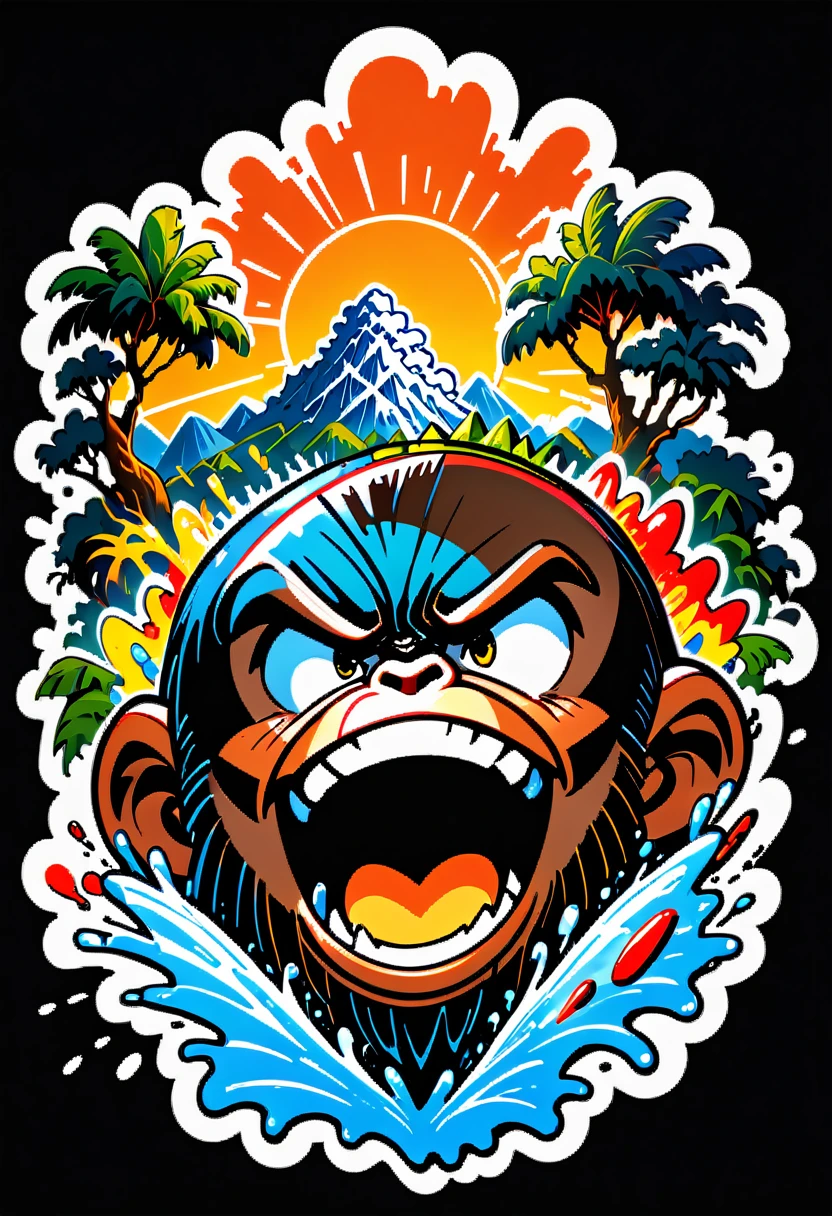 (((a sticker))), (((white background))),(((splash art))), intricately detailed t-shirt design ready for print , 2d, ONE BLACK angry shouting furious HUGE KING KONG in foreground,mountains peek Jungle sunset at the background, (((letters "KONG" ))), vibe detailed design for streetwear and urban style t-shirts design, pro vector, (cel-shading style:1.3), inkpunk, (ink lines:1.1), strong outlines, bold traces, high contrast, (cel-shaded:1.1), vector, 32k resolution, best quality, vibrant colors, anime, flat lights,vector t-shirt art ready for print, intricate rich extremely complex ornaments illustration, extremely detailed and complex illustration, high detail, clean lines style, intricate high details, (((white plain background)))