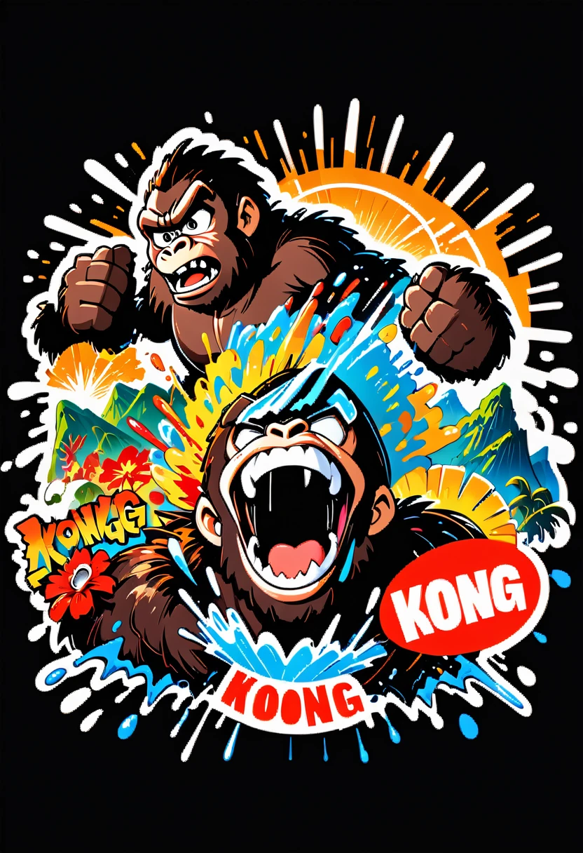 (((a sticker))), (((white background))),(((splash art))), intricately detailed t-shirt design ready for print , 2d, ONE BLACK angry shouting furious HUGE KING KONG in foreground,mountains peek Jungle sunset at the background, (((letters "KONG" ))), vibe detailed design for streetwear and urban style t-shirts design, pro vector, (cel-shading style:1.3), inkpunk, (ink lines:1.1), strong outlines, bold traces, high contrast, (cel-shaded:1.1), vector, 32k resolution, best quality, vibrant colors, anime, flat lights,vector t-shirt art ready for print, intricate rich extremely complex ornaments illustration, extremely detailed and complex illustration, high detail, clean lines style, intricate high details, (((white plain background)))