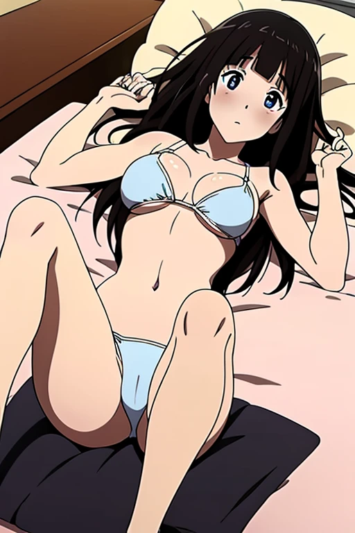 (anime cels style, megami magazine, poster style, best quality, high resolution, sharp image, 8k wallpaper, masterpiece), (beautiful detailed eyes, beautiful detailed face), Chitanda Eru, (black hair, long hair), blush, (large breasts), white bikini, (lying, on back, lie on bed:1.5), simple background, (perfect detailed anatomy, perfect detailed body, perfect arms, perfect fingers, shiny skin)