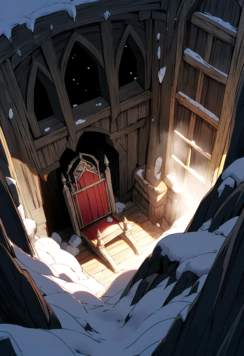 a medieval vampire-themed dining room, with ordinary chairs, and a throne, inside a cave, filled with snow and ice, seen from above