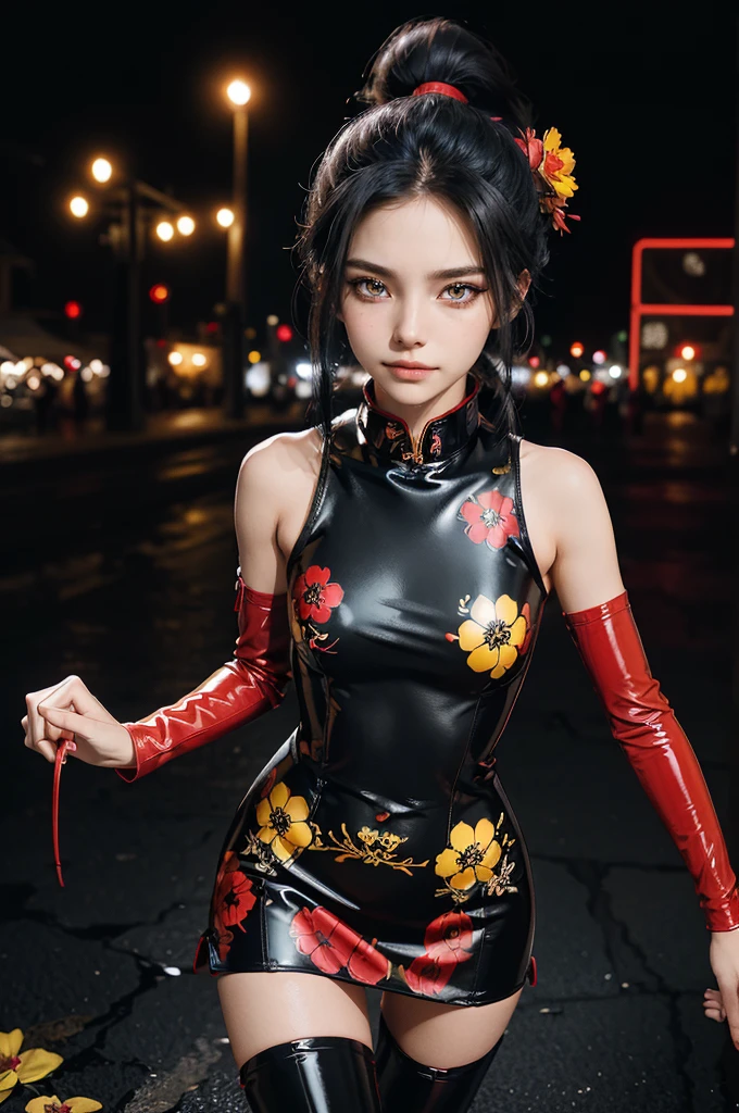 (RAW photo, best quality), Cute girl with short black hair, (ponytail), (city roof at night background), low light , dark eyeliner, innocent smile, gorgeous face , super cute, 18 years old , young looking, hyper detailed face, dark eyeliner, (medium breast), (thin waist, super slender), (bare shoulders, (bare hips), skintight black and red PVC qipao short dress with yellow flower decoration and vivid red patterns, deep black leather thigh high boots, black and red PVC arm sleeves with yellow flower decorations and vivid red patterns