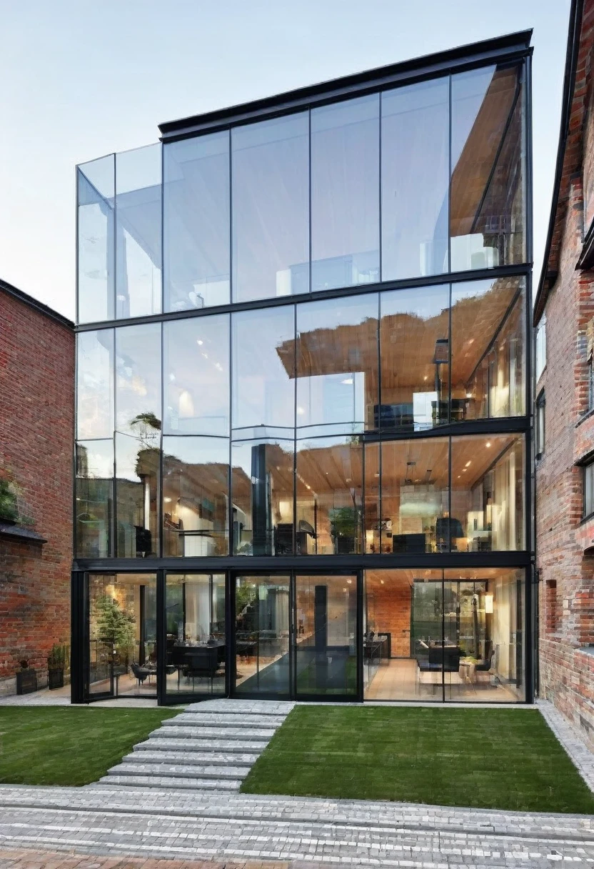 imagine an industrial house with different levels, with a glass wall divided by a massive black iron structure, a wall with English bricks, a black roof with a slope on the left side, grass in front, a stone floor up to the black main entrance door. Houses next door, Olmo trees at the entrance to the house
