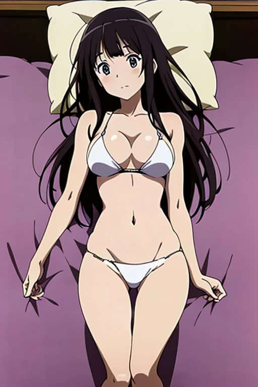 (anime cels style, megami magazine, poster style, best quality, high resolution, sharp image, 8k wallpaper, masterpiece), (beautiful detailed eyes, beautiful detailed face), Chitanda Eru, (black hair, long hair), blush, (large breasts), white bikini, (lying, on back, lie on bed:1.5), simple background, (perfect detailed anatomy, perfect detailed body, perfect arms, perfect fingers, shiny skin)