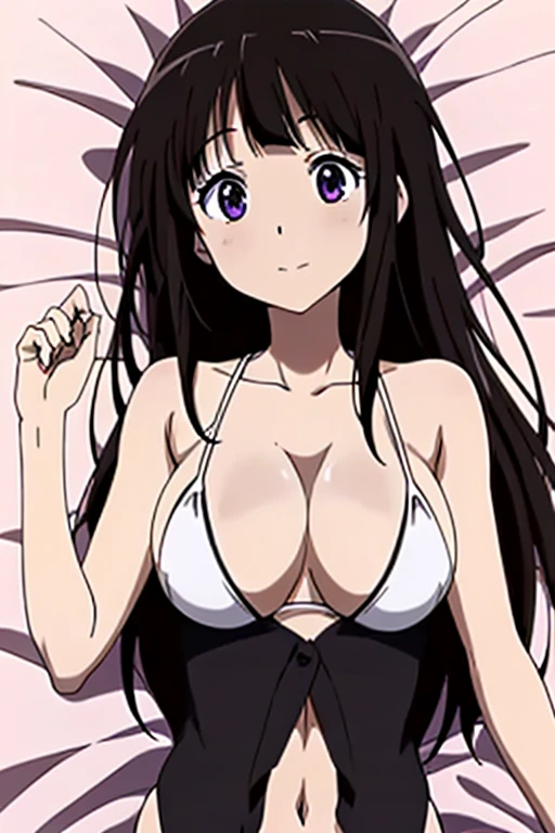 (anime cels style, megami magazine, poster style, best quality, high resolution, sharp image, 8k wallpaper, masterpiece), (beautiful detailed eyes, beautiful detailed face), Chitanda Eru, (black hair, long hair), blush, (large breasts), white bikini, (lying, on back, lie on bed:1.5), simple background, (perfect detailed anatomy, perfect detailed body, perfect arms, perfect fingers, shiny skin)