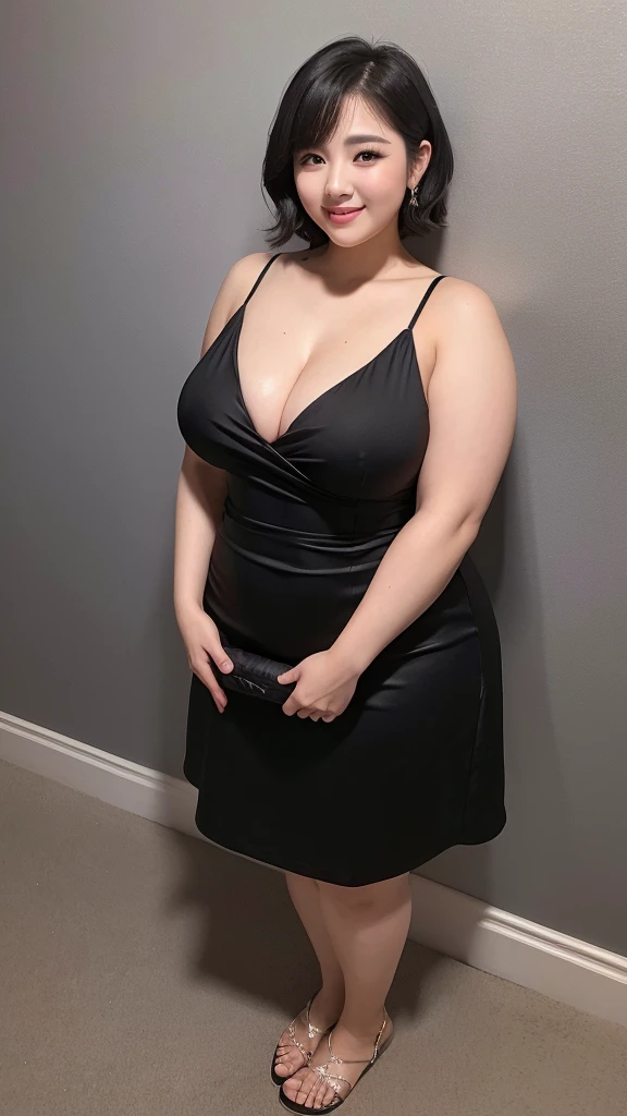 (8k, ultra-high resolution, highest quality, masterpiece:1.2), ultra-realistic, (realistic, photorealistic:1.37), (realistic skin:1.2), ultra-detailed, Canon EOS RP, 8k, Korean mature woman, smiling,(super obese), (((super curvy,))) ((super voluptuous,)) adult model, standing still, ((full body shot)), thick ankles, (short hair),(bride), (black wedding dress:1.5), (wedding venue), (wedding ceremony),