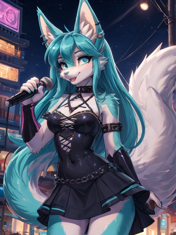 Chica anime,tennage girl 18 years old, anime style, cute hatsune miku x suicune, orange body,shy girl , Orejas de Kitsune, arte de dark natasha, city landscape, arte de vixen aztra, cuerpo completo, patas hermosas, cintura delgada, caderas amplias, navel white blouse, white&pink punk skirt, navel piercing, ear piercing, navel tattoo, atrevid pose, back pose, fluffly tail, sensual eyes (la mejor definicion) long hair, black flash, city party, city night life, party girl, idol girl, girl with microphone singing, deep blue eyes (HD), punk dress, super mega star idol, aura pura, silueta de luz, silueta radiante de luz dorada