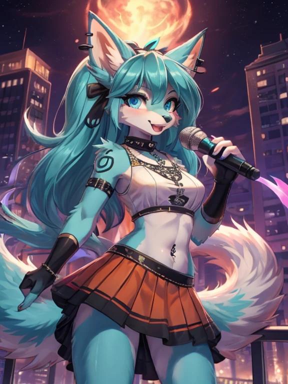 Chica anime,tennage girl 18 years old, anime style, cute hatsune miku x suicune, orange body,shy girl , Orejas de Kitsune, arte de dark natasha, city landscape, arte de vixen aztra, cuerpo completo, patas hermosas, cintura delgada, caderas amplias, navel white blouse, white&pink punk skirt, navel piercing, ear piercing, navel tattoo, atrevid pose, back pose, fluffly tail, sensual eyes (la mejor definicion) long hair, black flash, city party, city night life, party girl, idol girl, girl with microphone singing, deep blue eyes (HD), punk dress, super mega star idol, aura pura, silueta de luz, silueta radiante de luz dorada