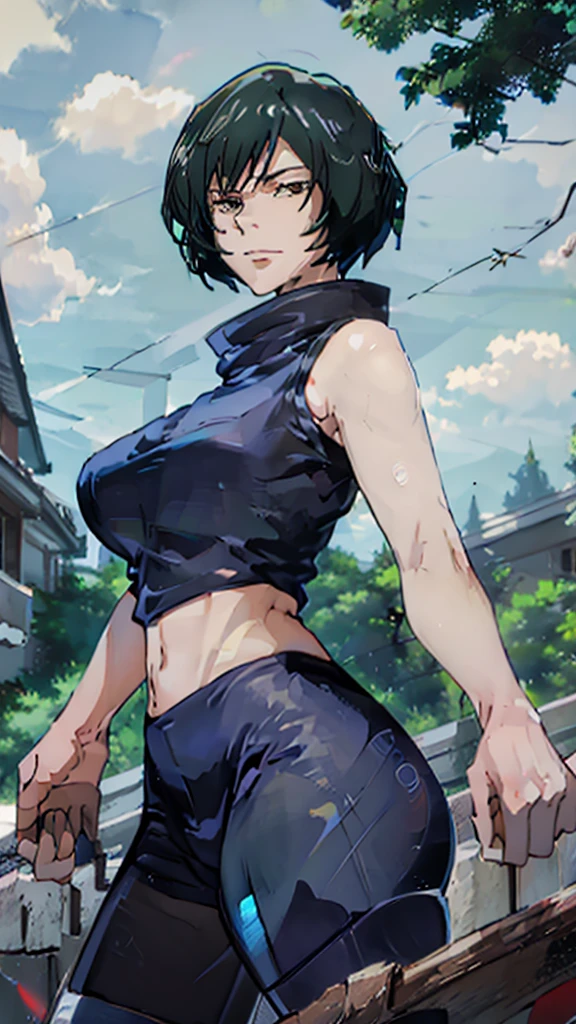 ((best quality)), ((masterpiece)), (detailed), perfect face, blue top, crop top, blue fitted legging shorts, huge breasts, huge ass