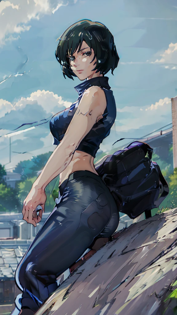 ((best quality)), ((masterpiece)), (detailed), perfect face, blue top, crop top, blue fitted legging shorts, huge breasts, huge ass