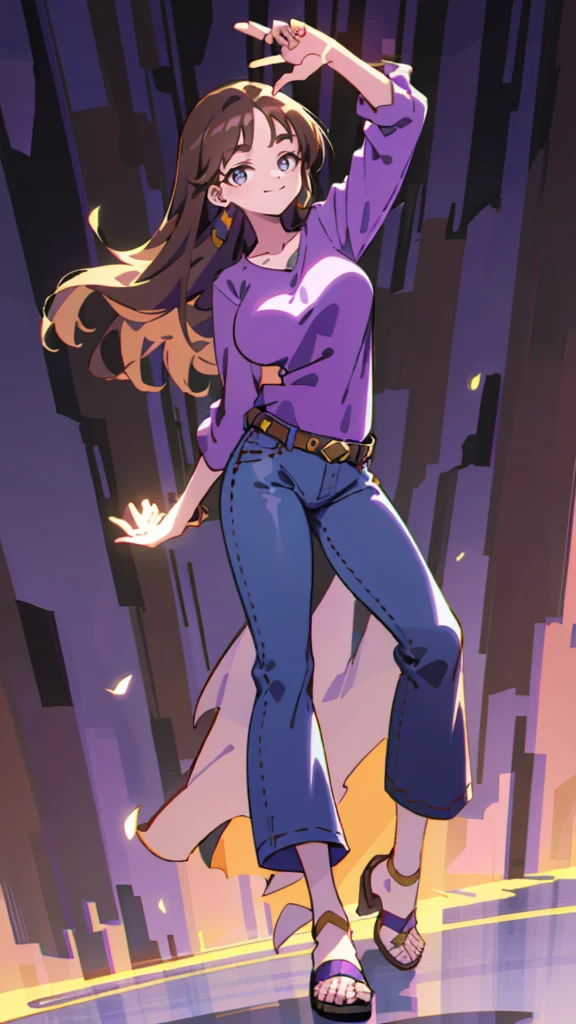 1 girl, long brown hair, conjunctivitis, purple shirt , Long flare jeans, sandals , full body , sly face., smile , big breasts, full body, stand on your hips...