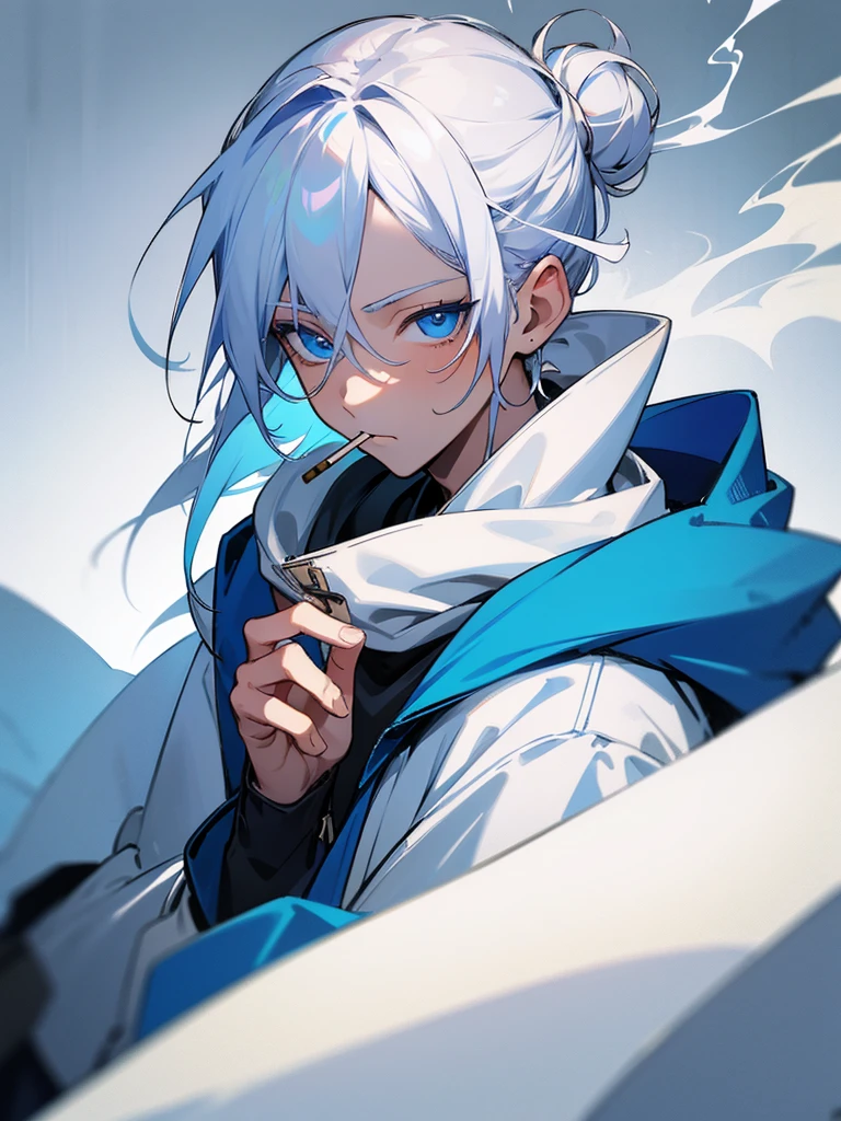 1 men, boy, ager, shoulder-length white hair tied in a bun, wearing a hoodie, blue eyes, smoking, detailed portrait, 8k, detalised
