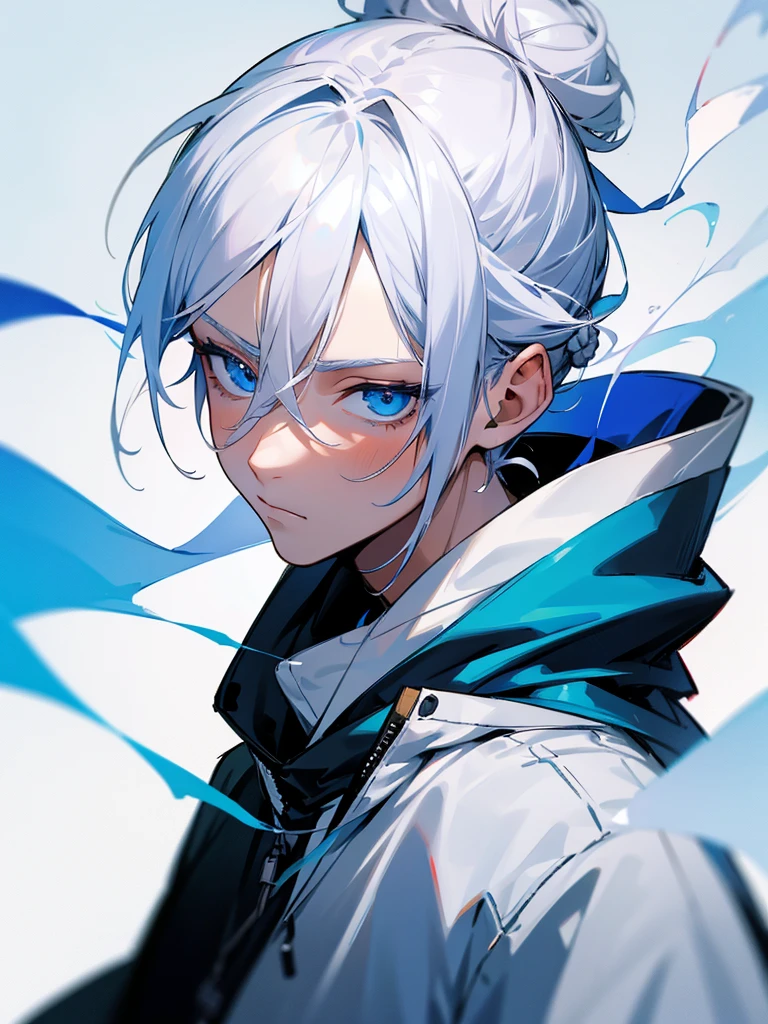 1 men, boy, teenager, shoulder-length white hair tied in a bun, wearing a hoodie, blue eyes, smoking, detailed portrait, 8k, detalised