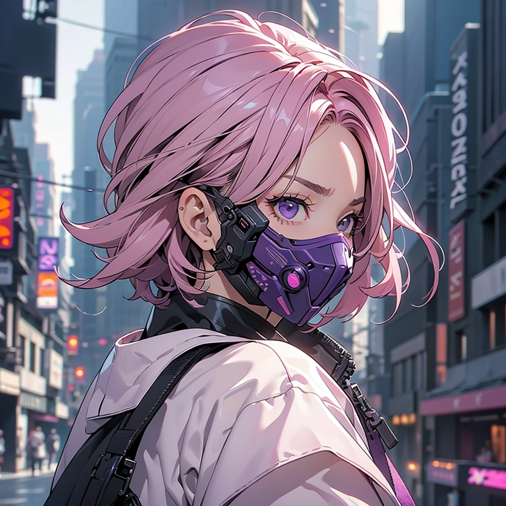 (masterpiece), best quality,1girl, short pink hair, purple eyes, sexy urban techwear, blurry background, eye focus, finger on lip, cowboy shot, huge city background, lora:GirlfriendMix2:1, zydG, looking over back, dramatic light, cinematic light, angry face, cyber masker, mouth mask, covered mouth