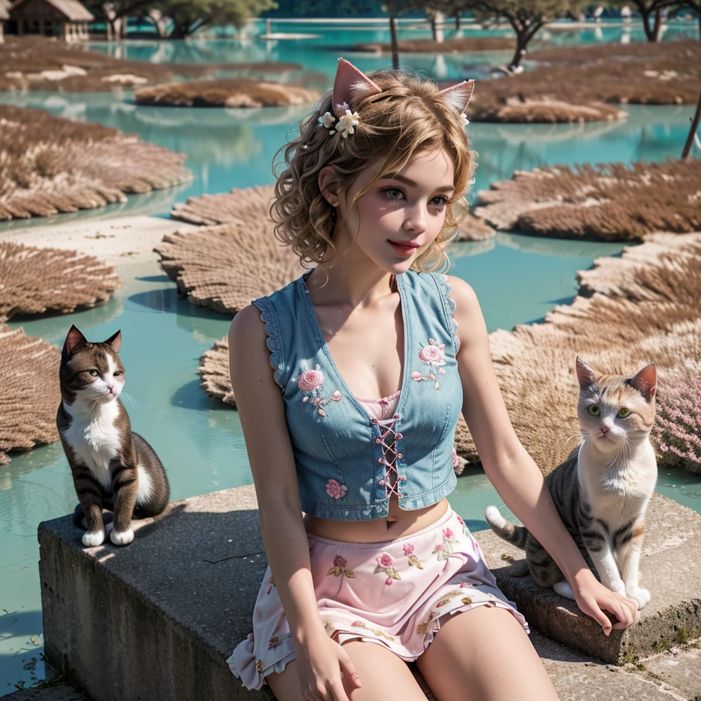 Masterpiece, Best quality, high resolution, realistic , hyperrealism , lifelike photography ,2024s fashion, alluring beautiful full body shot, (((curly blondish brunette very long hair, blue beautiful eyes))), white skin ,((( beautiful short cut naughty vest with flower embroidery mini skirt ))), beautiful golden necklaces & bracelets, elegant bearing, beautiful landscape background of a rose & lilac gardens, high budget , beautiful mesmerizing face and small nose, extremely long and curly sparkling hair , holding a beautiful orange stray cat , clivage , sunset , pink clouds , yellowish red rays at the horizon, elegant posing, beautiful legs, fit body,(((( gorgeous European woman standing and naughty dynamic posing at the lagoon shores)))), back shot, side shot , front shot, blue lagoon , full body shot at the frame , naughty smile , deep cut dress,(( very short skirt)) ,windy summer breeze , reasonable naked body parts, reasonable nudity ,((((cute cats sitting around her)))), naughty girl , very cute smile, bra and underwear exposed,(( lingerie )) , 28 years old blonde fresh looking European model , high energy , (very long hair)